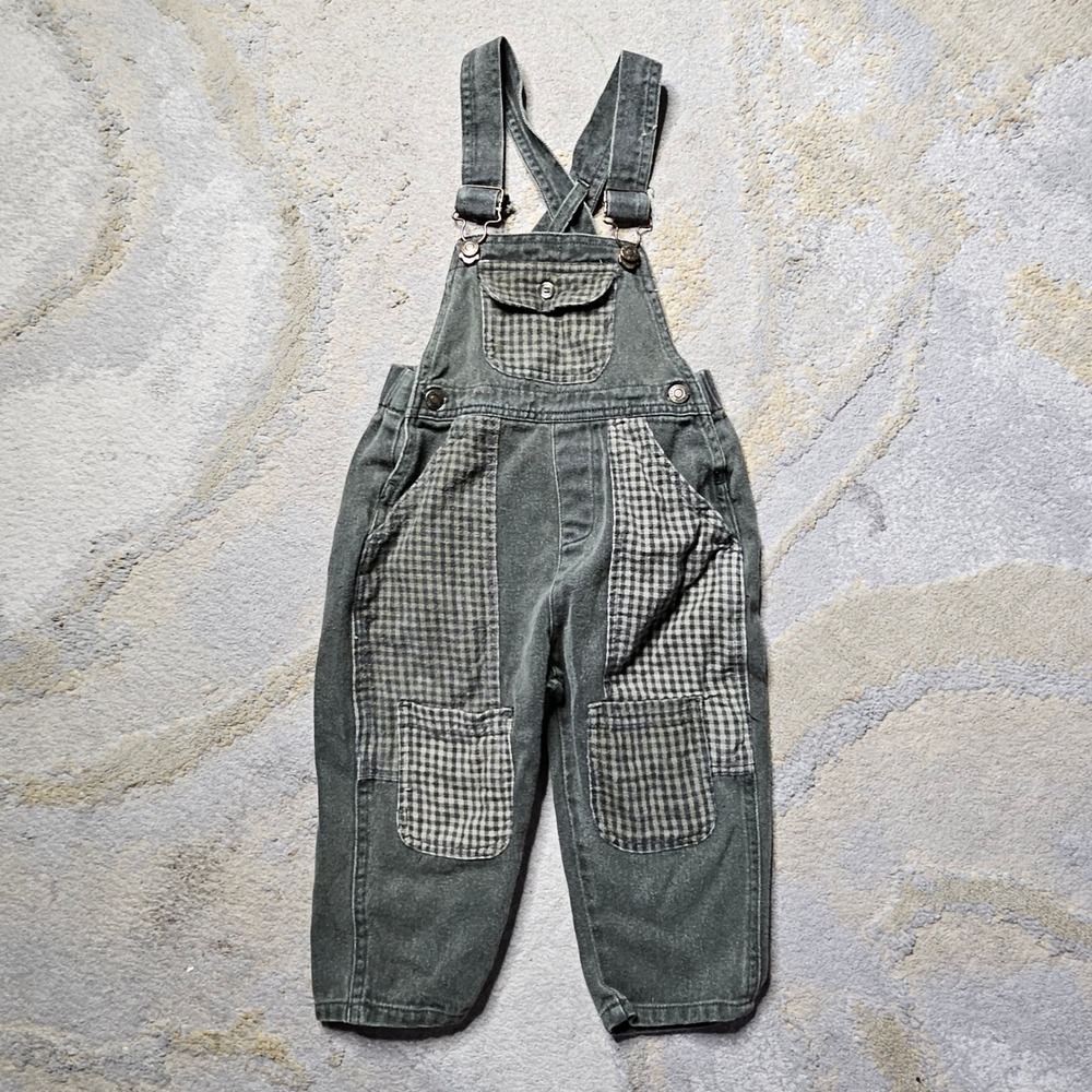 Kids N Fun Overalls 3T Denim Plaid Patchwork Pockets Gray Vintage Style